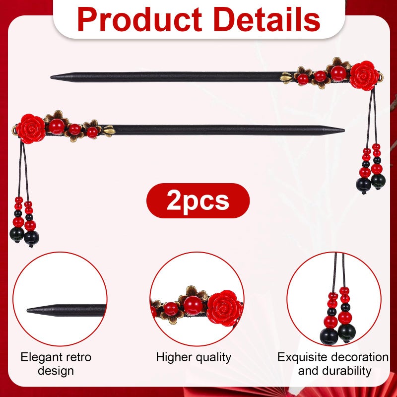 Apausvcm 2 Pcs Chinese Wooden Hair Sticks, Chinese Hair Pins for Women Retro Handmade Wooden Hairpins Flower Tassel Hair Chopsticks Japanese Hair Accessories Classic Hair Pins for Long Hair - Image 3